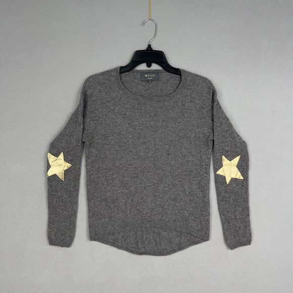 Wyse London Sweater Womens Small Gray Gold Star Elbow Patch Preppy 100% Cashmere - Picture 1 of 15